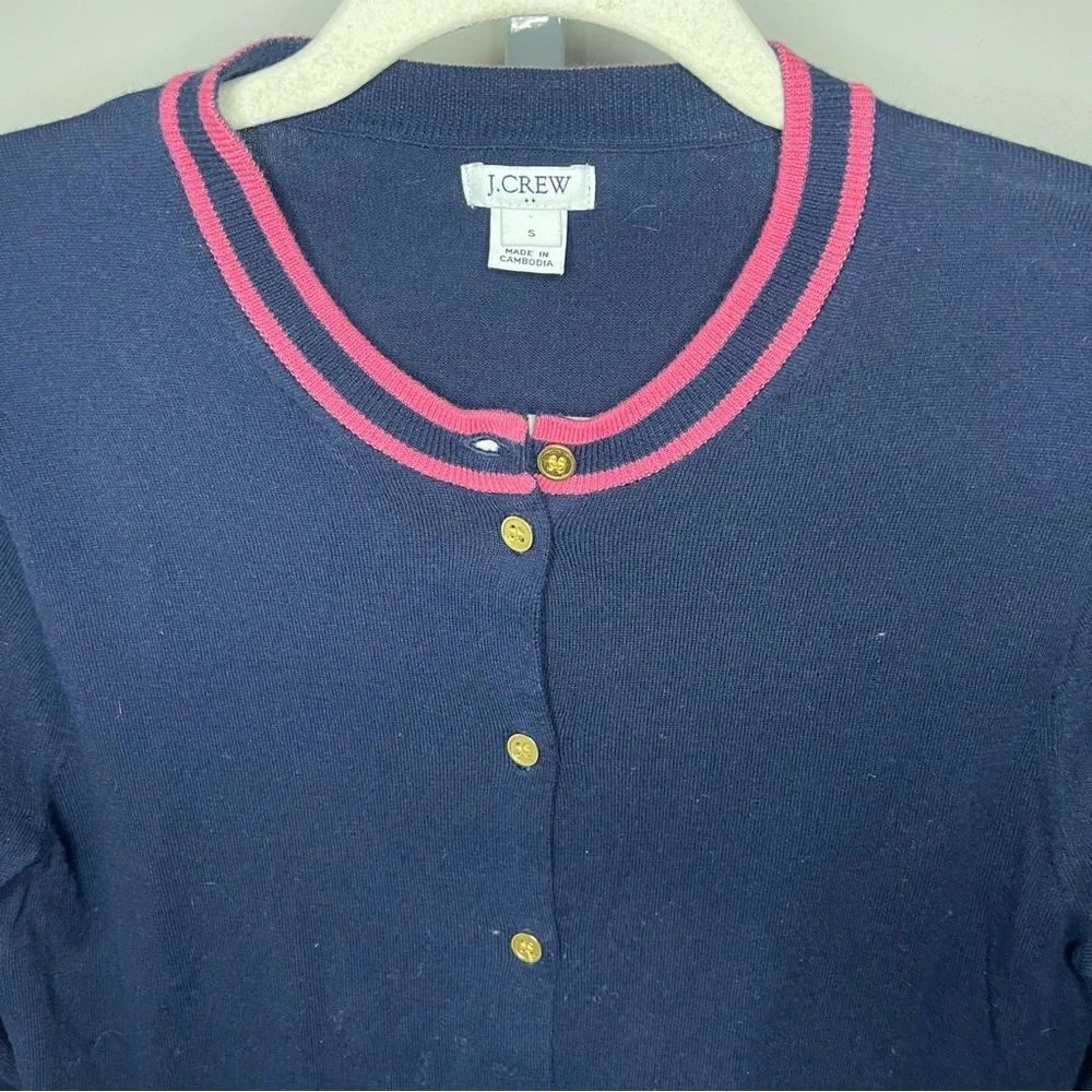 J.Crew Navy Blue Cardigan Pink Trim Gold Buttons Cotton Sweater Size Small